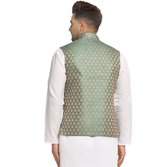 Sleeveless Traditional Brocade Silk Sapphire Blue Nehru Jacket by Treemoda - Picture 3 of 5